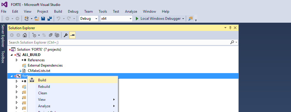 Compile by right-clicking on forte in the Solution Explorer window, and then click Build