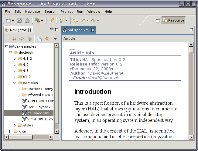 Vex DocBook editor screenshot