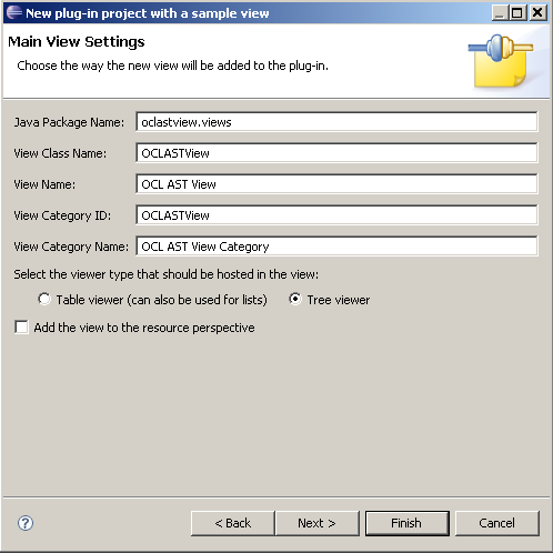 Step of PDE Wizard to create the OCLASTView plug-in 