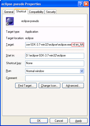 Figure 3 - Create Shortcut for Launching Eclipse in Babel Pseudo Translations