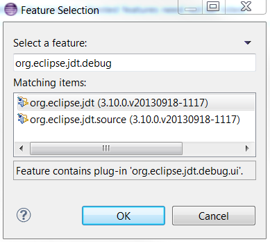 The feature selection dialog