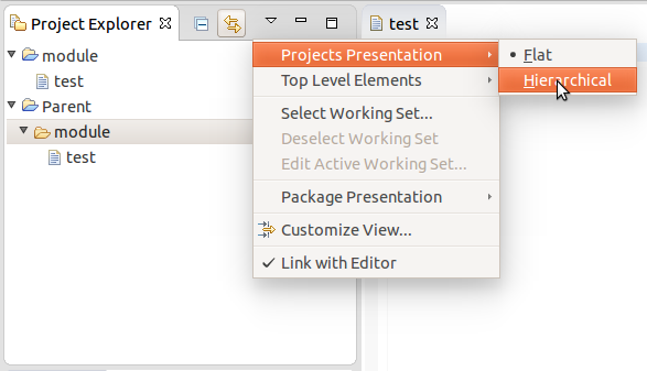 Hierarchical view of projects can be triggered from the Project Explorer view menu, under the Projects Presentation item