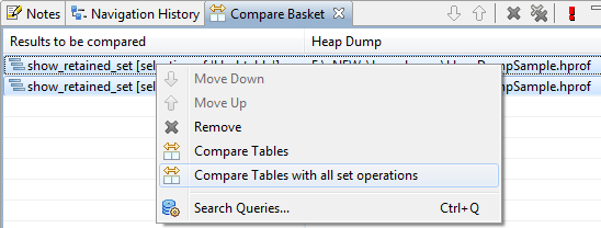 Context menu in the Compare Basket