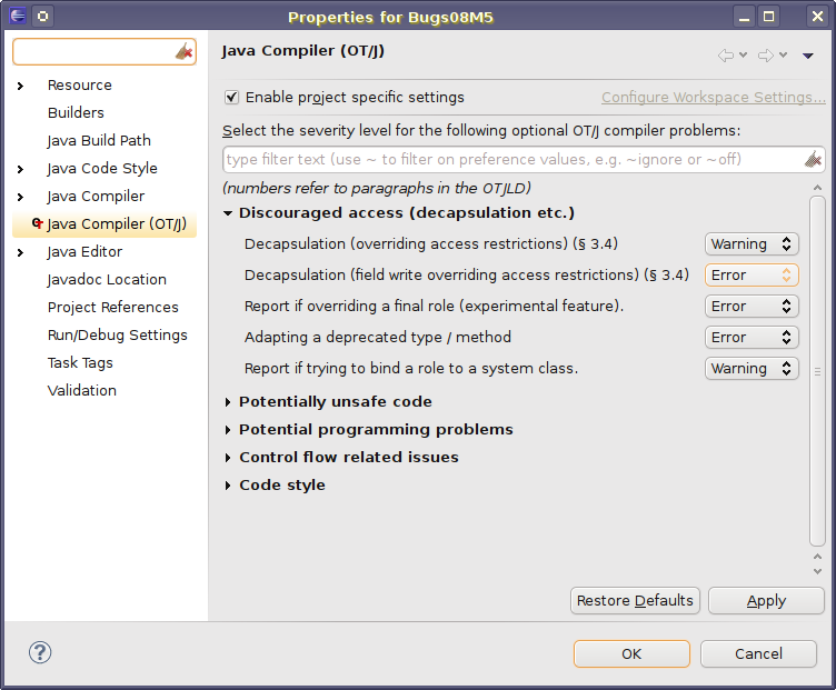 OT/J Compiler preferences