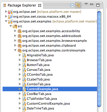 org.eclipse.swt.examples.controlexample.ControlExample in the Package Explorer view