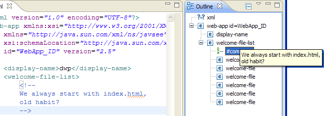 tooltip over an XML comment in Outline view