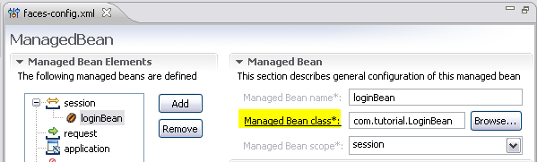 Faces Configuration Editor - Managed Bean tab