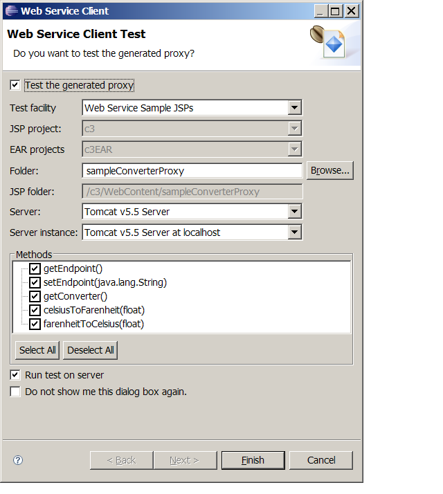 The Web services sample JSP popup