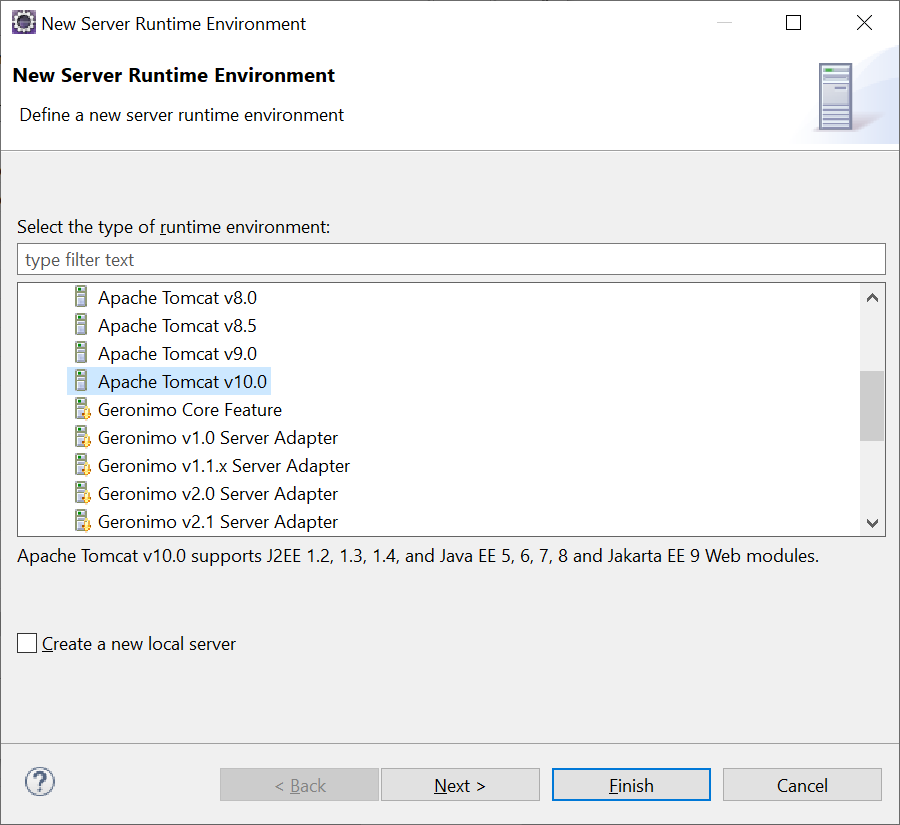 New Server Runtime wizard showing Apache Tomcat 10
