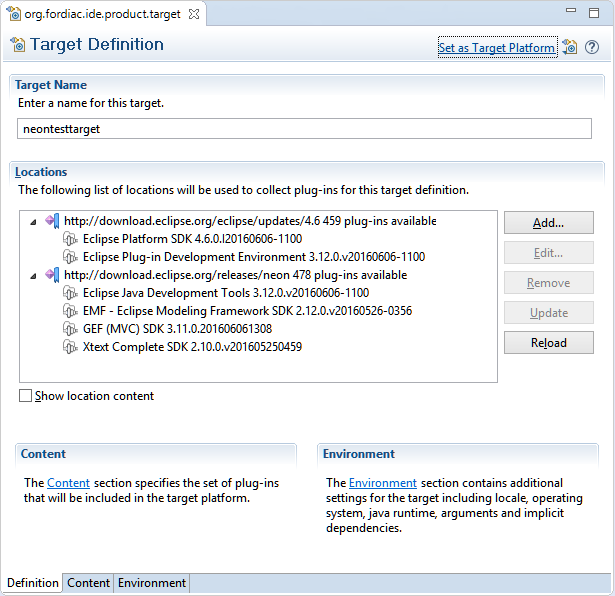 Eclipse target platform configuration