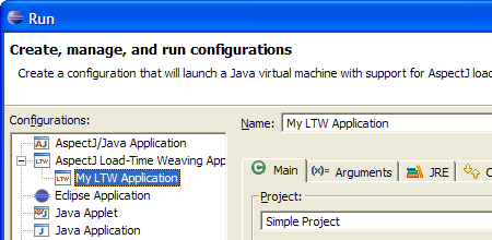 Screenshot showing the load-time weaving launch configuration