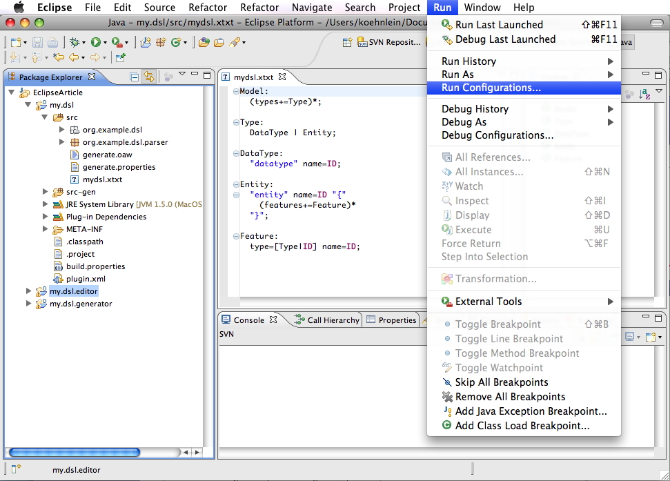 Setting up a new Eclipse workbench to test the DSL plug-ins