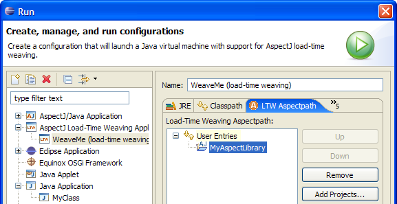 Launch configuration for load-time weaving