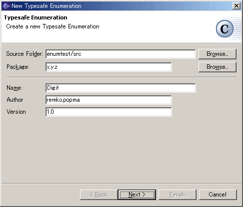 GUI wizard page one: class, package and location of the typesafe enum