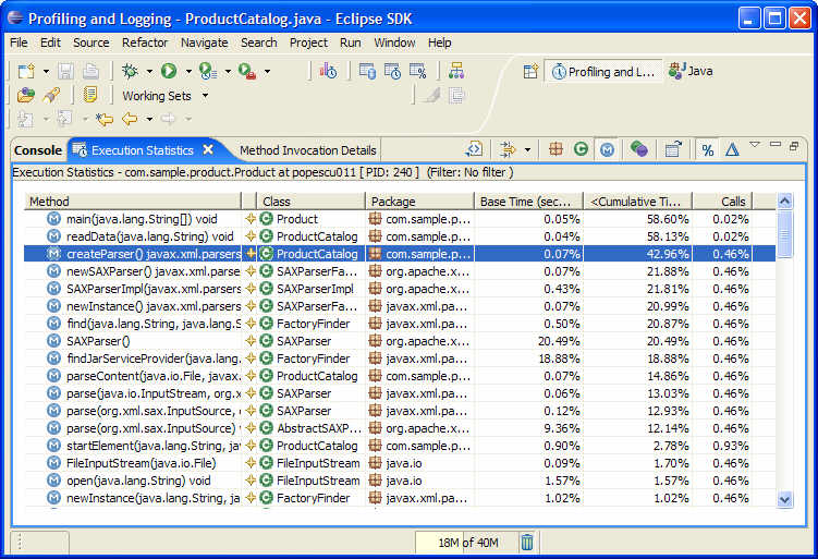 Execution statistics view