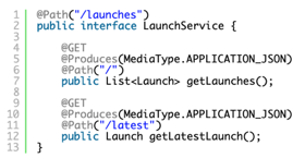 The EDEF file specifies a Java interface annotated using JAX-RS