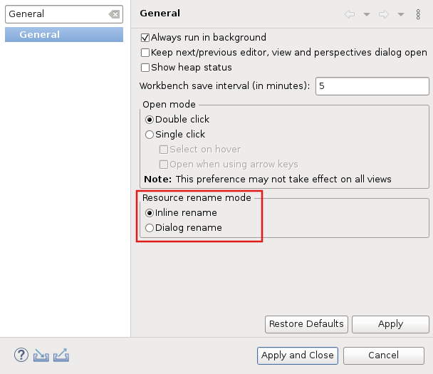 Rename mode in General preference page