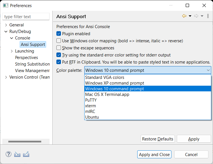 Screenshot of the ANSI support preferences dialog