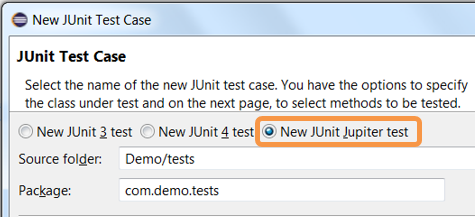 Create a new JUnit Jupiter test via *New JUnit Test Case wizard