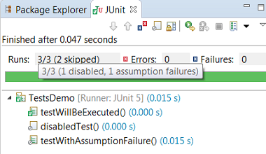 View the number of disabled tests and tests with assumption failures on hover in JUnit view