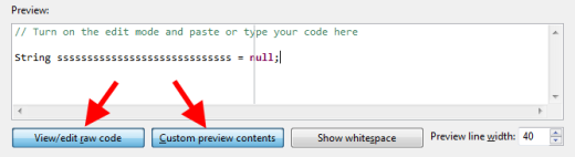New buttons: 'View/edit raw code' and 'Custom preview contents'