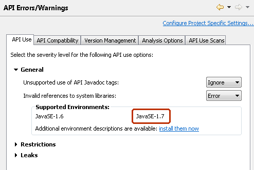 The API Errors/Warnings preference page showing the new Java 7 EE description