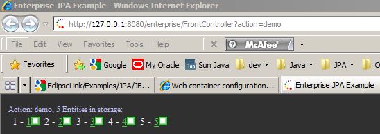 graphical client view of the 5 entities inserted via the EclipseLink 2.0 persistence unit on JBoss 6.0.0M1