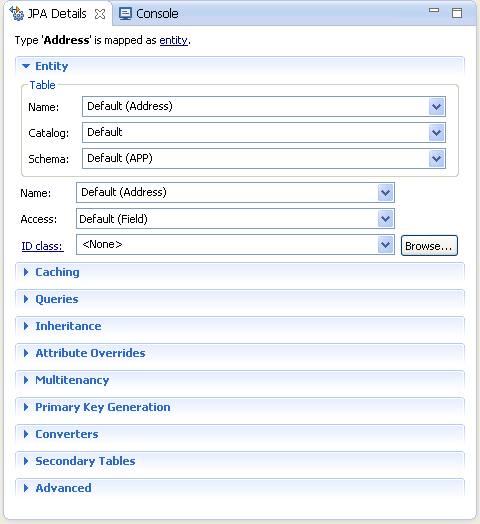 Address.java in the JPA Details view.