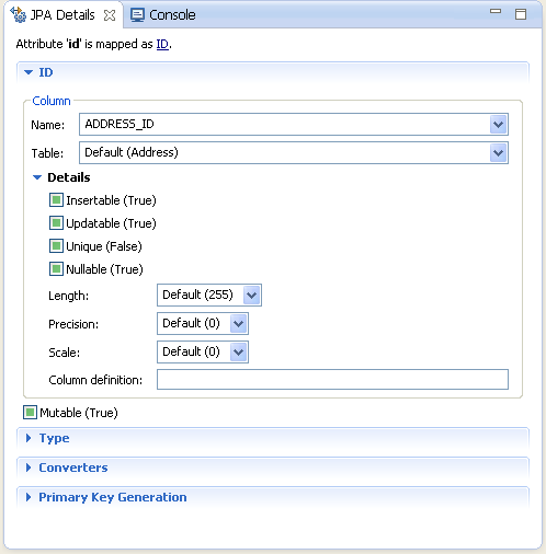 The JPA Details view for the Address entity’s id attribute.