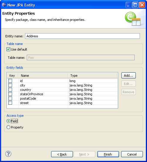 The Entity Properties page of the Create JPA Entity wizard.