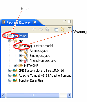 This figure shows sample error and warning icons in the Explorer view.
