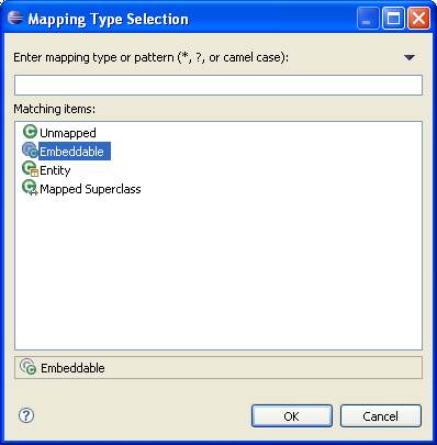 The Mapping Type Selection dialog with Embeddable selected.