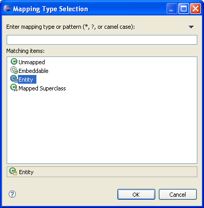 The Mapping Type selection dialog with Enity selected.