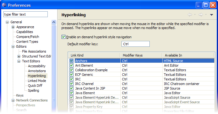 Enablement of the Anchors link kind on the Hyperlinking Preference page