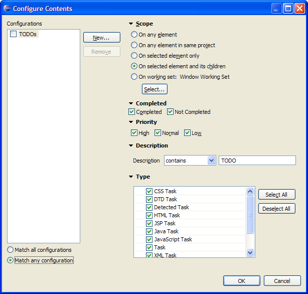 A portion of the Tasks view's Configure Contents dialog