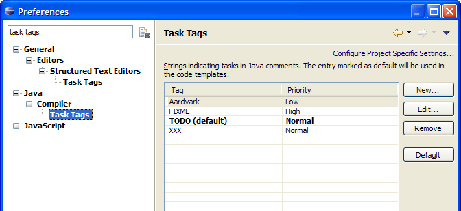 The Java Compiler Task Tags Preference page