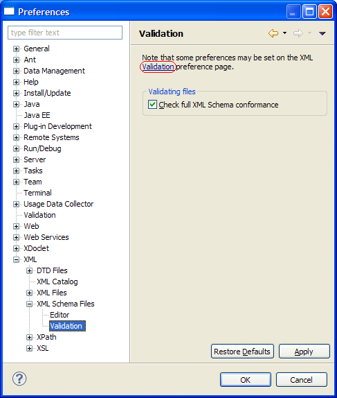 New XML Schema Validation preference page