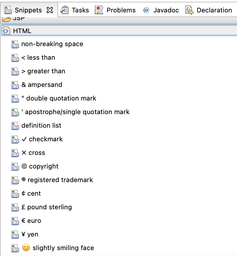 The new HTML drawer of the Snippets View, showing its provided contents